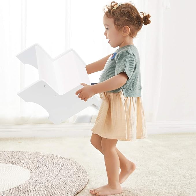 WOOD CITY Toddler Step Stool, Wooden 2 Step Stools for Bathroom Sink Potty Training Kitchen Dual Height Stool Helper for Kids Bonus Non-Slip Pads and Handles for Safety (White)