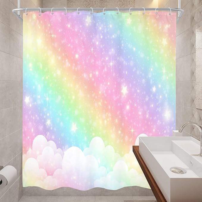 Kids Rainbow Shower Curtain 60Wx72H Girls Pastel Cartoon Cute Colorful Sky Clouds Stars Aesthetic Bathroom Curtain Set Girly Bath Curtain Cloth Fabric Bathroom Accessories Decor with 12 Hooks