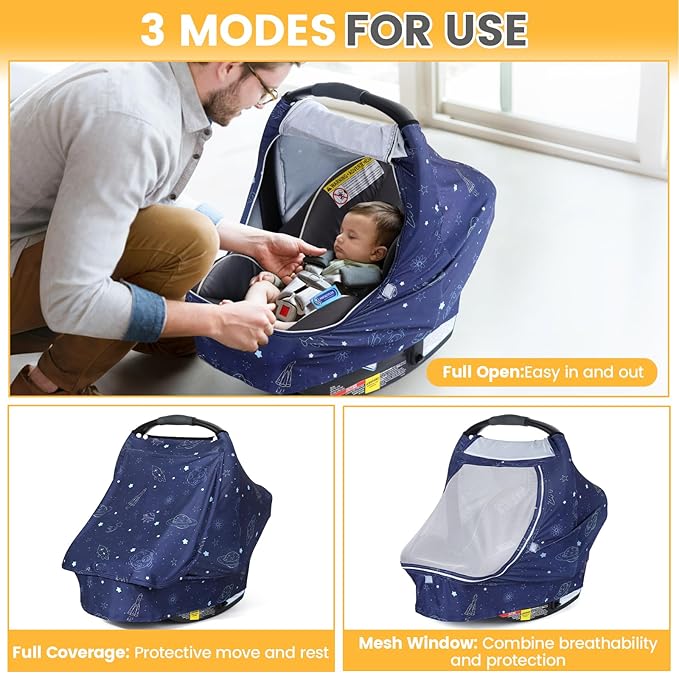 Orzbow Baby Car Seat Cover, Breathable Car Seat Canopy for Girls Boys with Mesh Window, Lightweight Baby Carrier Cover for Wind, Dust, Sun and Insects Protection, Universal Fit, Dark Blue