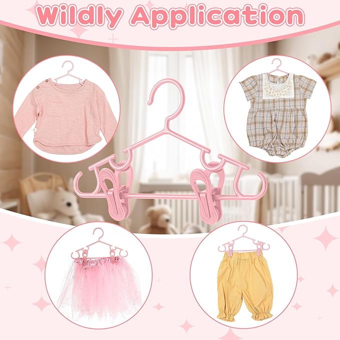 Hsei 5/10/40 Pack Baby Hangers with 10/20/80 Clips, Plastic Kids Pants Hangers for Nursery Closet Top and Bottom Clothes Hanger Set for Newborn Infant Toddler(30 Packs Total,Pink,10.6 Inch)