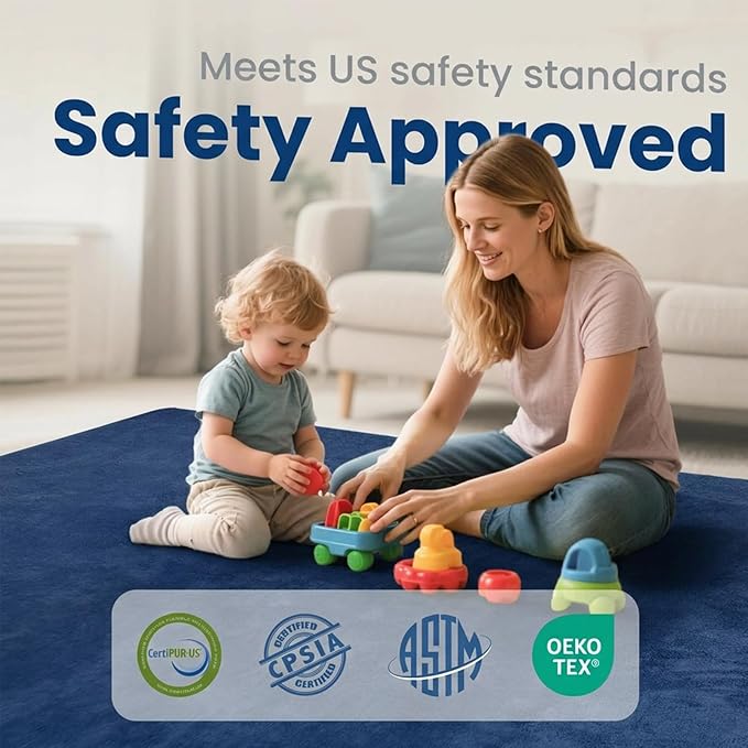 Baby Play Mat for Floor,1.3" Thick Memory Foam Tummy Time Mat,Soft Coral Velvet Nursery Rug,Extra Large Non Slip Crawling Mats for Living Room(Dark Blue)