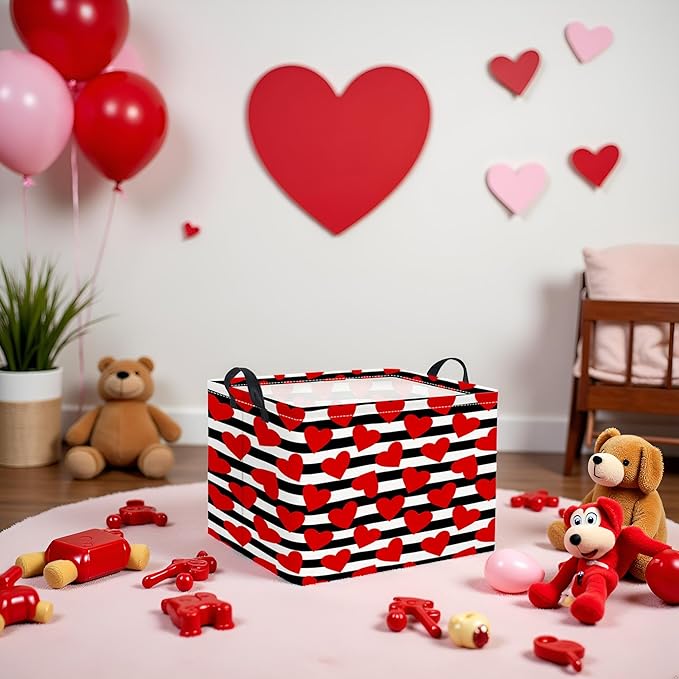 TIBAOLOVER Rectangular Valentines Basket for Women Girls Storage Bin Organizer Box Shelf Room Decor(Black Red Heart)