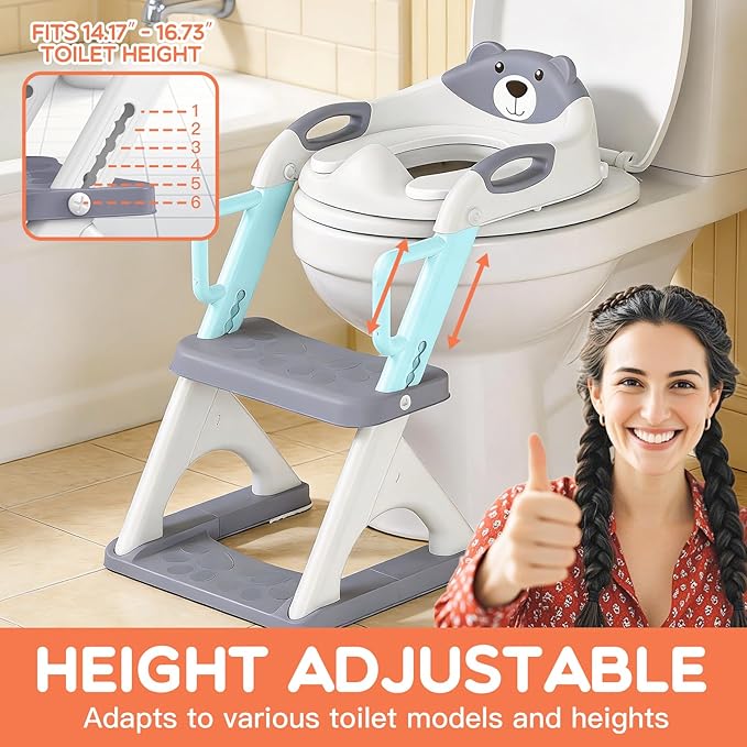 Potty Training Seat ，SKYROKU Potty Training Toilet with Step Stool Ladder, for Kids Boys Girls Toddlers - Comfortable Safe Potty Seat with Anti-Slip Pads Ladder (8899Pro-Grey)