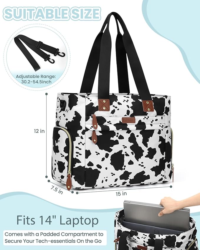 Pritent Diaper Bag Tote for Working Mom, Large Travel Diaper Tote for Mom and Dad with 14 Inch Laptop Sleeve, Mommy Maternity Travel Baby Bag for Boys and Girls, Cowprint