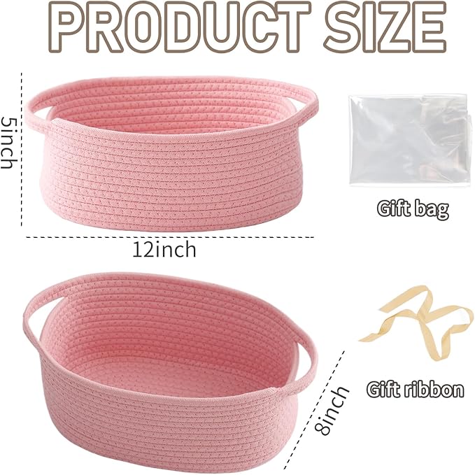 JMvicyroam Woven Basket,Small Rope Storage Bin with Handles & Ribbon Bag, Organizer for Shelves Closets,Gift Basket Empty for Birthday,Books,Dog Toys, Pink/2 Pack