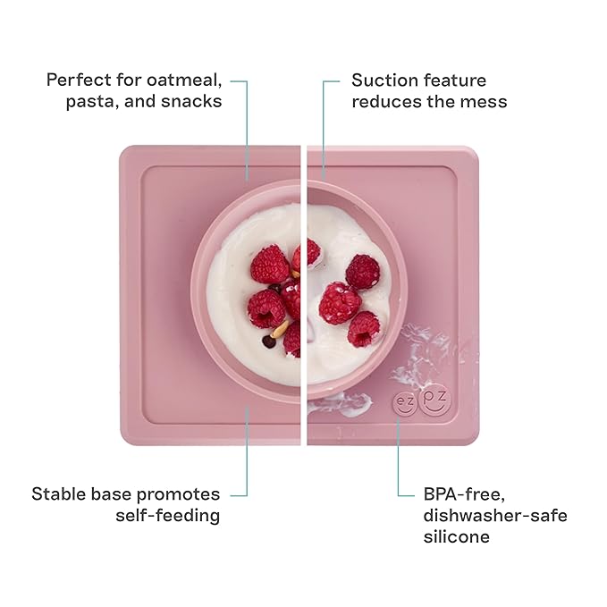ezpz Mini Bowl (Blush) - 12 Months+ - 100% Silicone Suction Placemat + Bowl for Toddlers - Comes with a Reusable Travel Bag
