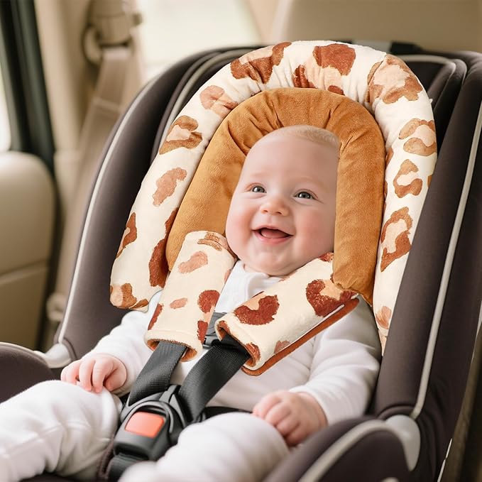 GFU Baby Car Seat Head Support for Newborn, 2 in 1 Infant Car Seat Head Body Support with Strap Pads, Soft Stroller Cushion Pillow Insert for Girls, Fits for Stroller, Swing, Brown