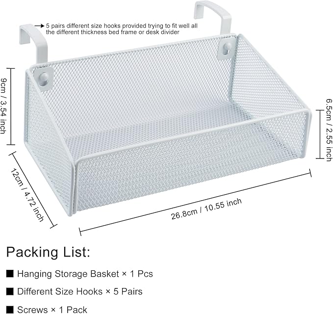 MATIMASU Bedside Shelf for Bed & Bunk Bed Storage Basket Office Cubical Wall Hanging Organizer - 5 Different Size Hooks - College Dorm Home Office Essentials for Phone,Book,Drink,Tissue (White)