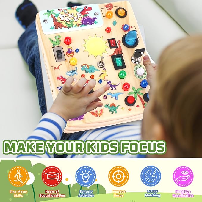 Grarain Busy Board for Toddlers - Montessori Educational Toy for 1-3 Year Old Boys & Girls | Travel-Friendly Sensory Learning Activity | Ideal for Kids with Autism(Dinosaur Busy Board)