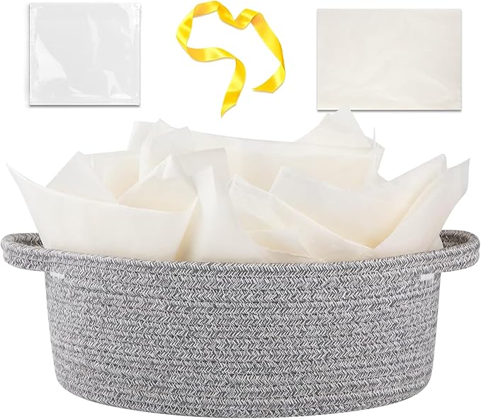 OIAHOMY Gift Basket with Handle, Small Woven Basket with Gift Bag, Ribbon and Wrap Tissue Paper, Nursery Bins Empty to Fill with Small Items, Baby, Pet Toy Organizer - Grey