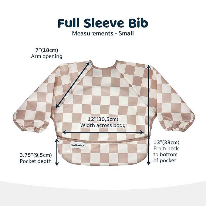 Tiny Twinkle Long Sleeve Bib for Babies & Toddlers | Waterproof Smock Bib for Eating | Machine Washable & Mess-Proof Feeding Essentials | Newborn Shower Gift (Checkers Brown, 2-4Y)