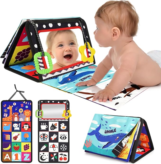 URMYWO Tummy Time Toy - Black and White High Contrast Baby Toys for Newborn - Baby Visual Stimulation Mirror - Montessori Sensory Crinkle Toy for Infant 0-3-6-12 Months - Shower Gift for Boy Girl