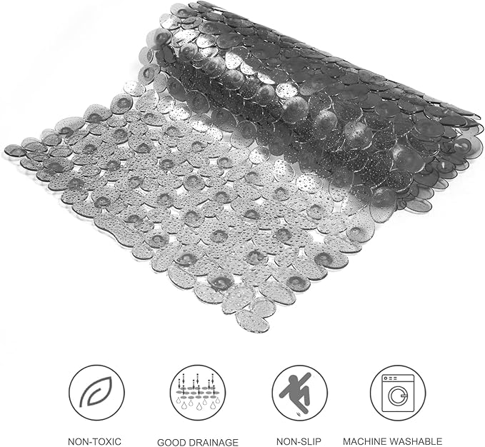 Bath Tub and Shower Mats, Non-Slip Pebble 35 x 16 Inches Machine Washable Bathtub Mat with Drain Holes, Suction Cups for Bathroom (Clear Grey)
