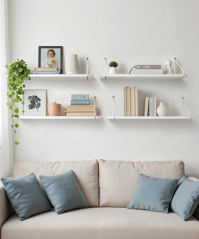 Afuly White Floating Shelves, 24 inch Long Shelves for Wall, Hanging Storage Shelf for Kitchen Bedroom Living Room, Wood Chic Wall Decor, Set of 2