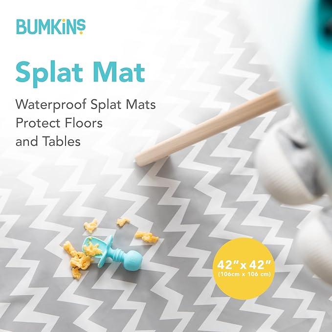 Bumkins Sleeved Bib for Baby & Toddler 6-24M + Splat Mat for Under High Chair, Babies Eating Mess Mat, Waterproof Reusable Cloth 42inx42in Gray Chevron