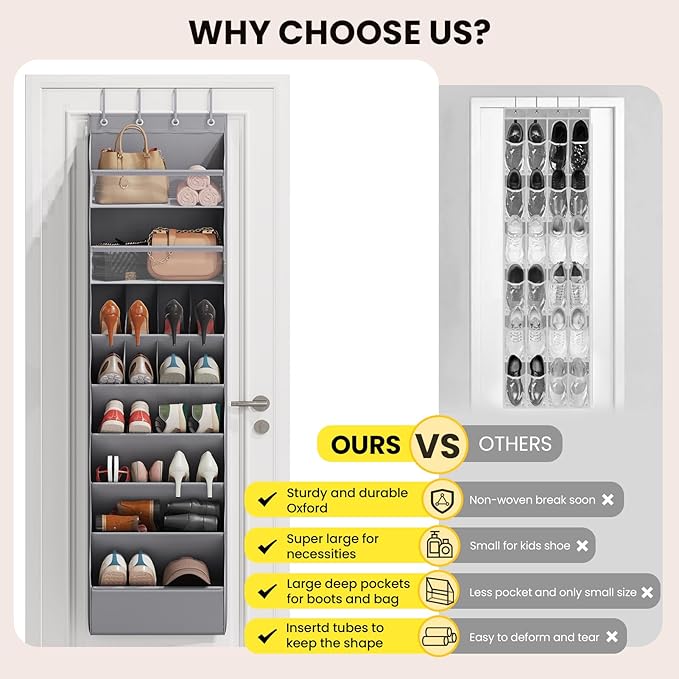 Mefirt 8 Tier Clear Over the Door Shoe Organizer with Deep Pockets, Door Shoes Rack with hard Cardboard and Tubes to Keep the Shape, Hanging Shoe Rack for Closet Organizers, Shoe Holder Grey