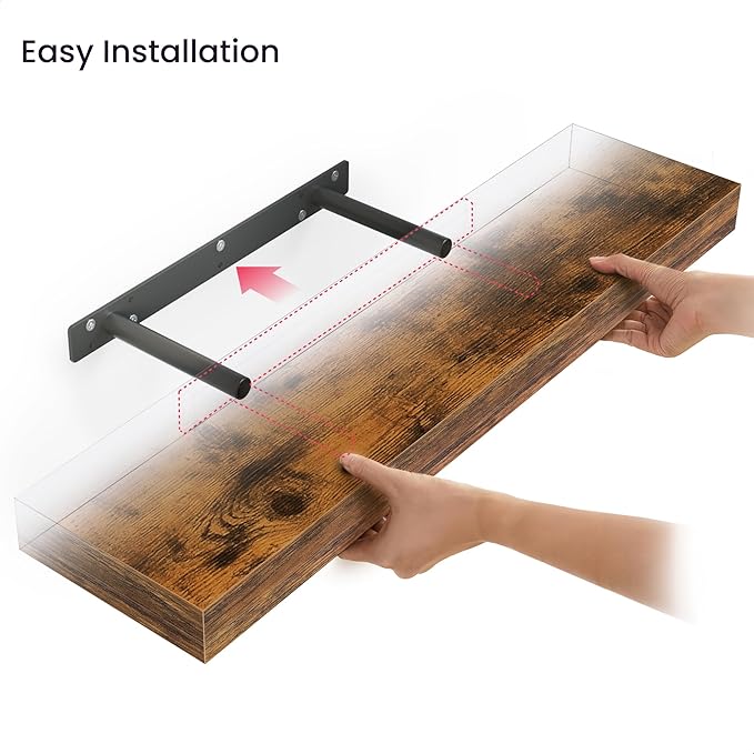Ballucci Floating Shelves, 24" Wood Wall Shelf Set of 2, with Invisible Brackets for Bathroom, Living Room, Bedroom, Kitchen, Nursery, 6" Deep, Rustic Brown