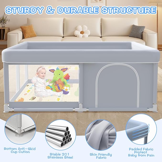 XVISHX Baby Playpen with Mat, 50x50 Inch Play Pen, Playpen for Babies and Toddlers, Baby Playard for Indoor & Outdoor Active Center Game Fence, with Skin-Friendly Fabric and Soft Breathable Mesh