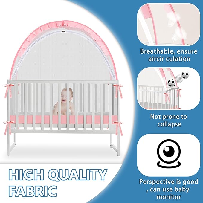 Crib Tent - Crib Net to Keep Baby in - Stop Baby from Climbing Out of Crib, Pop Up Crib Tent with Durable Breathable Net Double Zipper Strong Rods Installation (Pink, Large)