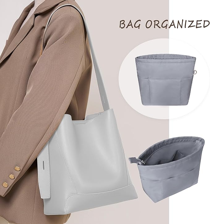 Vercord Purse Insert Organizers for Petite Tote Bag Organizer Insert Inside Handbag Shaper with Zipper Light Grey