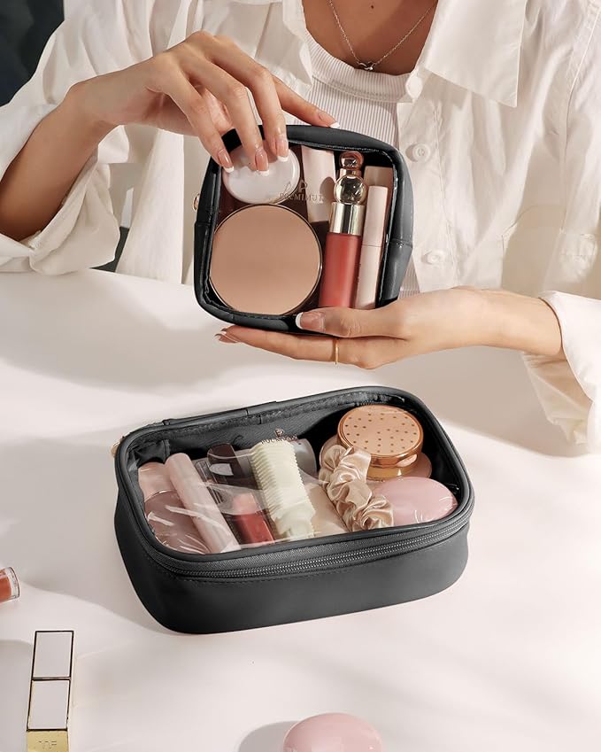 Pocmimut Clear Makeup Bag, Easy to Find Mini Makeup Bag for Purse, Travel Makeup Bag for Car, Compact Cosmetic Pouch for Daily Essentials,Black