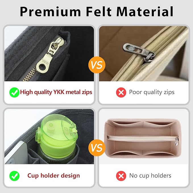 Premium Felt Purse Organizer Insert Compatible with Longchamp Le Pliage Large and More, Zipper Long Champ Bag Organizer Insert with Cup Holder, 8 Compartments (Light Gray,L)