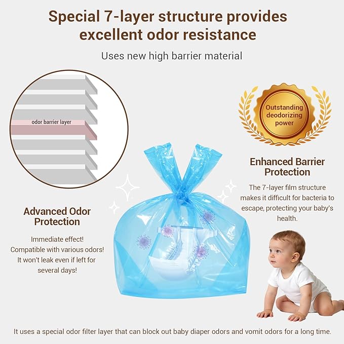 Odor Sealing Diaper Disposable Bags with Tie Handle, 160 count | Large Capacity, Unscented & Durable Diaper Trash Bags for Home & Baby Travel Use (Color:Blue)