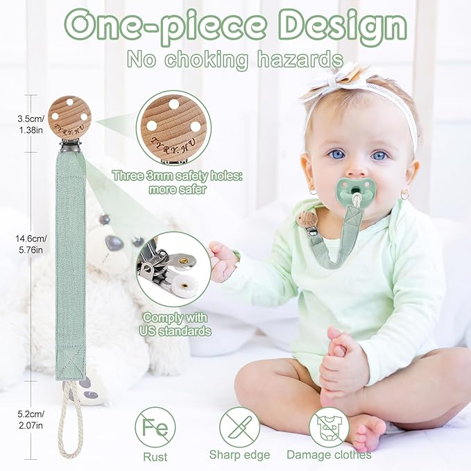 TYRY.HU Ribbon Pacifier Clip Holder,4 Pack Binky Paci Holder Clips, Pacifier Leash for Boys and Girls, Fabric Pacifier Strap Universal Fits for Most Pacifier, Styles & Teethers(Khaki,Grey,Green,Pink)