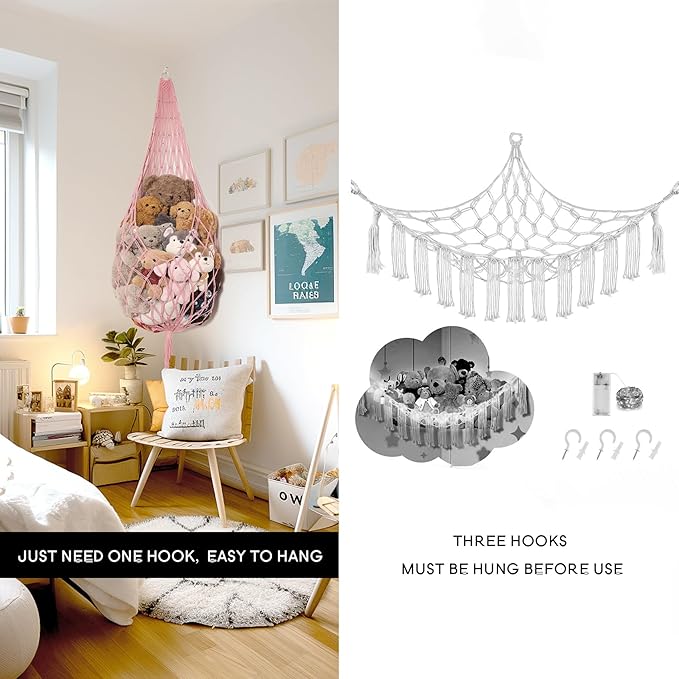 Stuffed Animal Hammock Corner Hanging Net for Stuff Animal Storage Macrame Plush Toy Holder-Perfect for Tiny Space Walls-Kid Bedroom Decor Nursery Playroom Organizer (Light Pink XL)