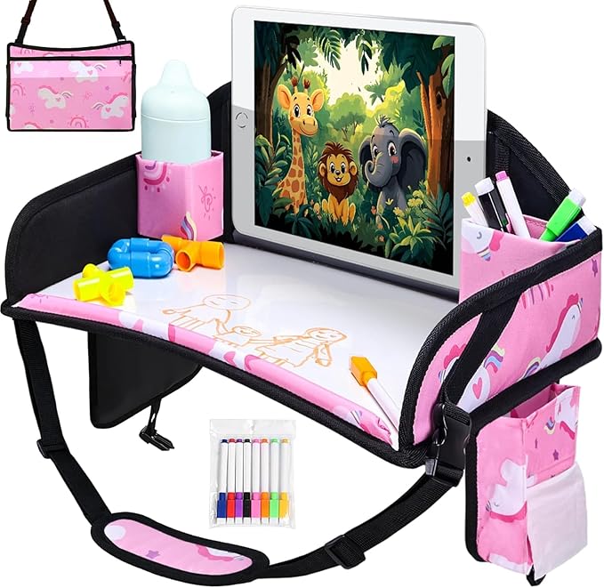 Kids Travel Tray for Toddler Car Seat, Road Trip Activities for Kids with iPad Holder Stand & Dry Erase Board, Road Trip Essentials Accessories Lap Tray as Travel Gifts for Kid, 2PC