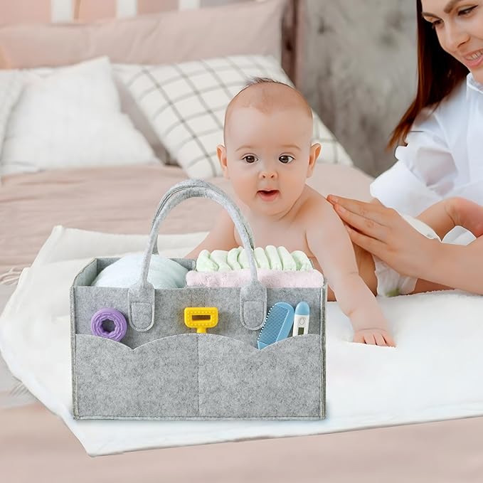 PandaEar Baby Diaper Caddy Organizer, Portable Diaper Holder Organizer Nursery Storage Basket for Wipes & baby stuff, Collapsible Baby Organizer with Divided Design (Grey)