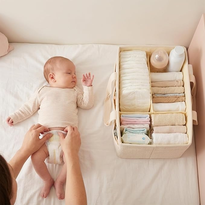 Baby Diaper Caddy Organizer with Portable Changing Mat-Portable Baby Organizers and Storage, Baby Essentials Organizer with Removable Dividers (Corduroy)