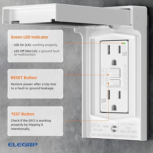 ELEGRP Outdoor GFCI Outlet with Cover, Weather Resistant GFCI Receptacle and Wall Plate, 15 Amp Self-Test GFI Electrical Outlet, Thinner Design Ground Fault Receptacle, UL Listed, Matte White, 2 Pack