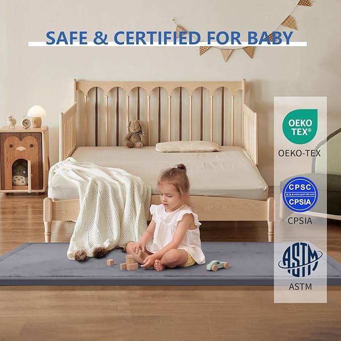 Huloo Sleep 2" Thick Play Mat for Babies Toddlers,Extra Safety Anti-Fall Cushion Mat, Non-Slip Water-Repellent Coral Velvet,28"x72" Bedside Rug for Kids Room (Dark Gray)