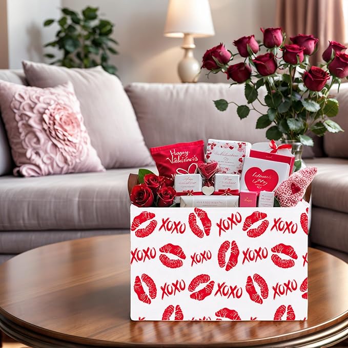 ASKETAM Valentine's Day Basket for Gifts Empty Cute Heart Large Gift Basket Decorative Storage Bin for Kid and Baby Room Décor (XOXO Red Lips)