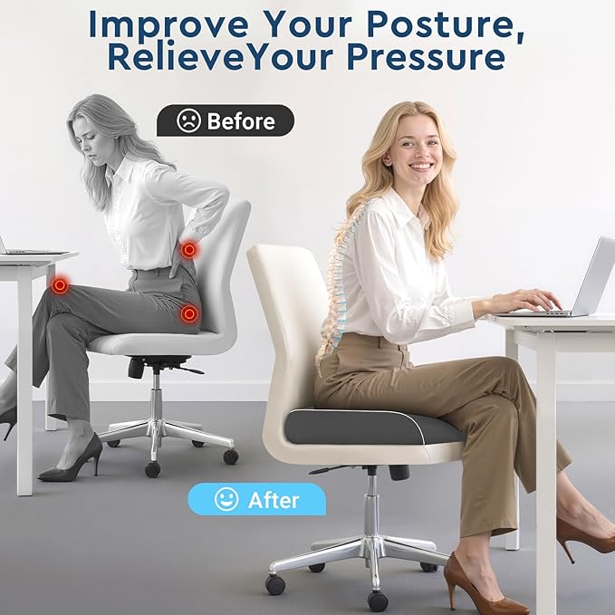 SofterCharm Seat Cushion, Memory Foam Office Chair Cushions for Long Sitting Hours, Chair Pad for Sciatica, Coccyx, Tailbone, Hip Pain & Pressure Relief, Office, Home, Car Seats,Airplane, Gray/X-Large