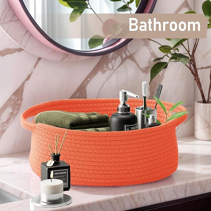 JMvicyroam Woven Basket,Small Rope Storage Bin with Handles & Ribbon Bag, Organizer for Shelves Closets,Gift Basket Empty for Birthday,Books,Dog Toys,Orange