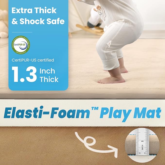 1.3" Thick Baby Floor Play Mat, 59x79 Padded Foam Tummy Time Crawling Mat, Non-Slip Water-Repellent Soft Plush Nursey Area Rug for Playroom Bedroom Living Room (Beige)