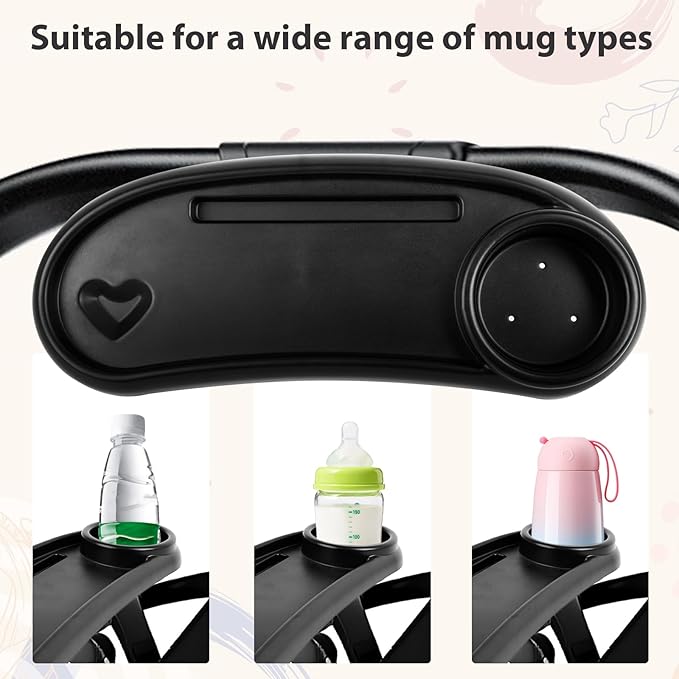 Universal Stroller Snack Tray with Cup Holder and Silicone Flexible Arms Gripper, Black Adjustable BPA-Free Non-slip Snack Tray for Stroller Accessories Easy to Clean
