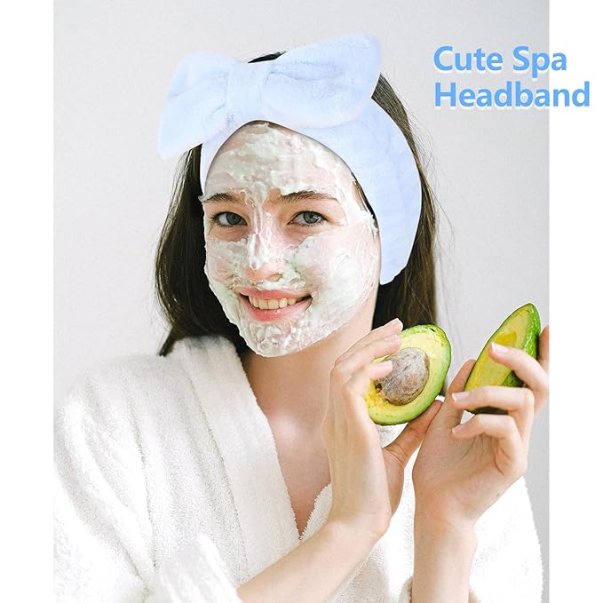 Ondder Spa Headbands for Women, Bow Makeup Skincare Headbands for Washing Face, Pink and Blue, Soft Coral Fleece, 8 Pack