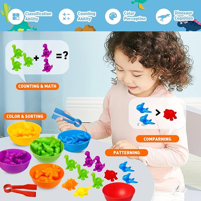 NAODONGLI Counting Dinosaurs Color Sorting Toys with Rainbow Bowls,Sensory Training & Counting Activity Montessori Education Learning Activities Easter Basket Stuffers Gifts for Boys Girls