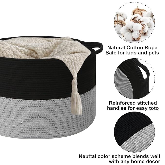 Large Storage Basket with Handle,23.6" x 23.6" x 15.7" Blanket Basket Storage Bins for Organizing,115L Cotton Rope Woven Baskets for Living Room, Nursery,Bedroom,Black&Light Grey