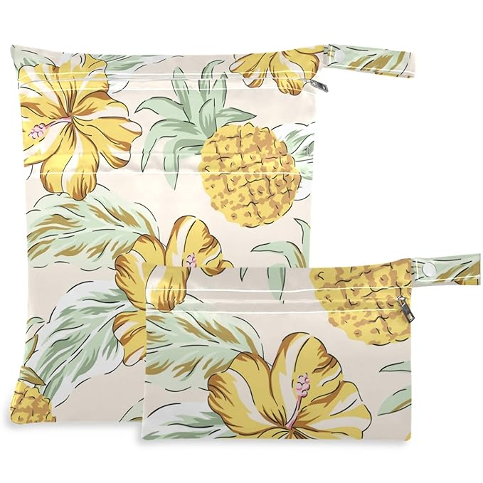 visesunny Tropical Yellow Pineapple and Flower 2Pcs Wet Bag with Zippered Pockets Washable Reusable Roomy for Travel,Beach,Pool,Daycare,Stroller,Diapers,Dirty Gym Clothes, Wet Swimsuits, Toiletries