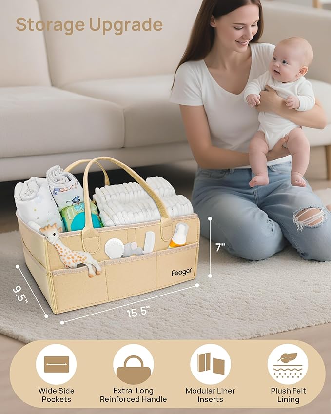 Feagar Baby Diaper Caddy Organizer, 15 Inch Large with 8 Pockets & 2 Dividers, Portable Nursery Storage Basket & Car Organizer for Changing Table, Travel (Khaki)