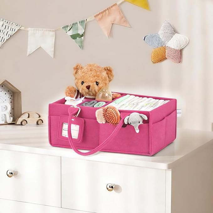 GEMII Diaper Caddy Organizer-Large Baby Caddy Organizer with Handle, Newborn Registry Essentials, Baby Shower Basket Gifts for Boys or Girls (Pink, Large)