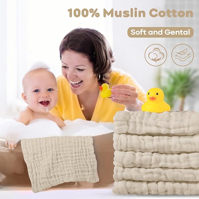 Yoofoss Muslin Baby Washcloths 100% Organic Cotton Face Towels 6 Pack Wash Cloths for Baby 12x12in Soft and Absorbent Baby Wipes (Apricot)