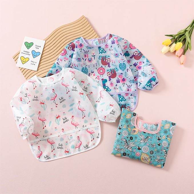 ElecMotive 3 Pack Long Sleeve Bib,Baby Smock for Eating 6-30 Months Reusable Shirt Bibs for Babies Toddler