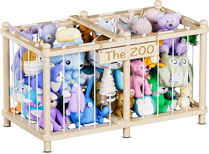 Viktorpai Stuffed Animal Storage Zoo, Wooden Toy Organizers and Storage, Large Capacity Kids Stuffy Organizer, Space Save Stable Plushies Holder Cage for Toddler Room, Bedroom, Playroom & Nursery