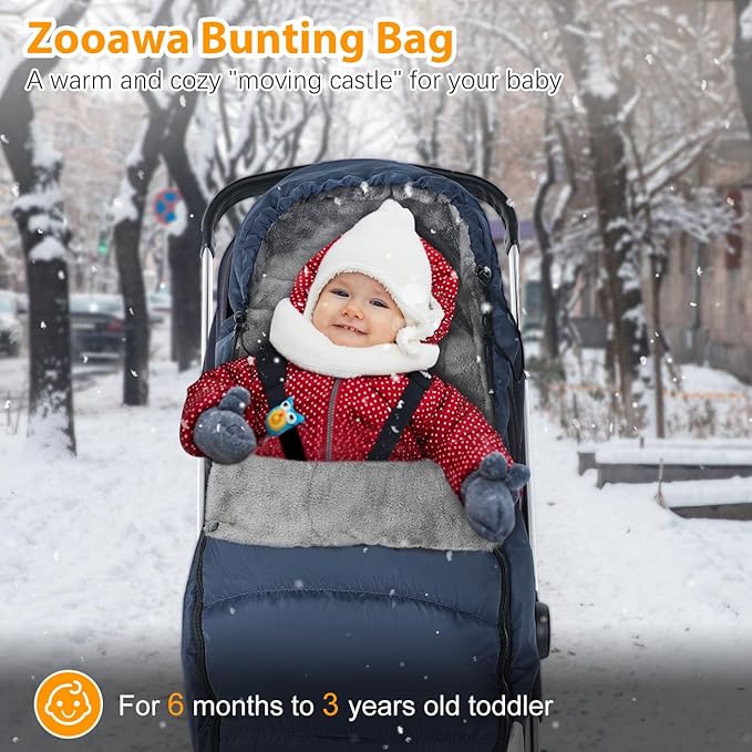 Zooawa Stroller Bunting Bag Universal, Waterproof Baby Stroller Footmuff, Stroller Sleeping Bag for Cold Weather, Extra Thick, Fits 6-36 Months Baby, Dark Blue