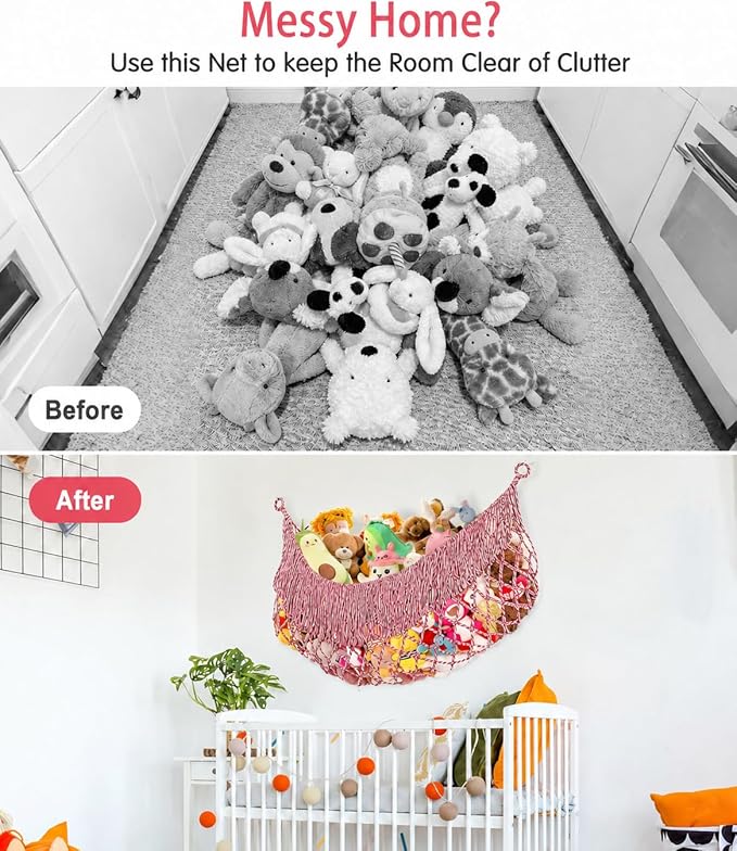 Stuffed Animal Hammock - Extra Large 63'' Long, Stuffed Animal Storage, stuffed animal Holder net, Hammock Large, Storage Hanging Organizer - red-white